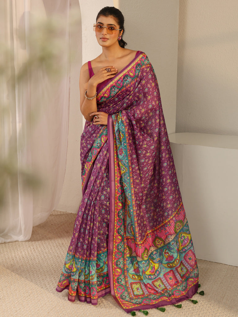 Libas Purple Tribal Printed Silk Blend Tassel Saree With Unstitched Blouse Piece