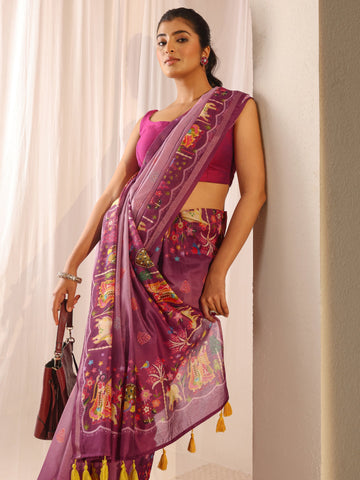 Purple Tribal Printed Silk Blend Tassel Saree