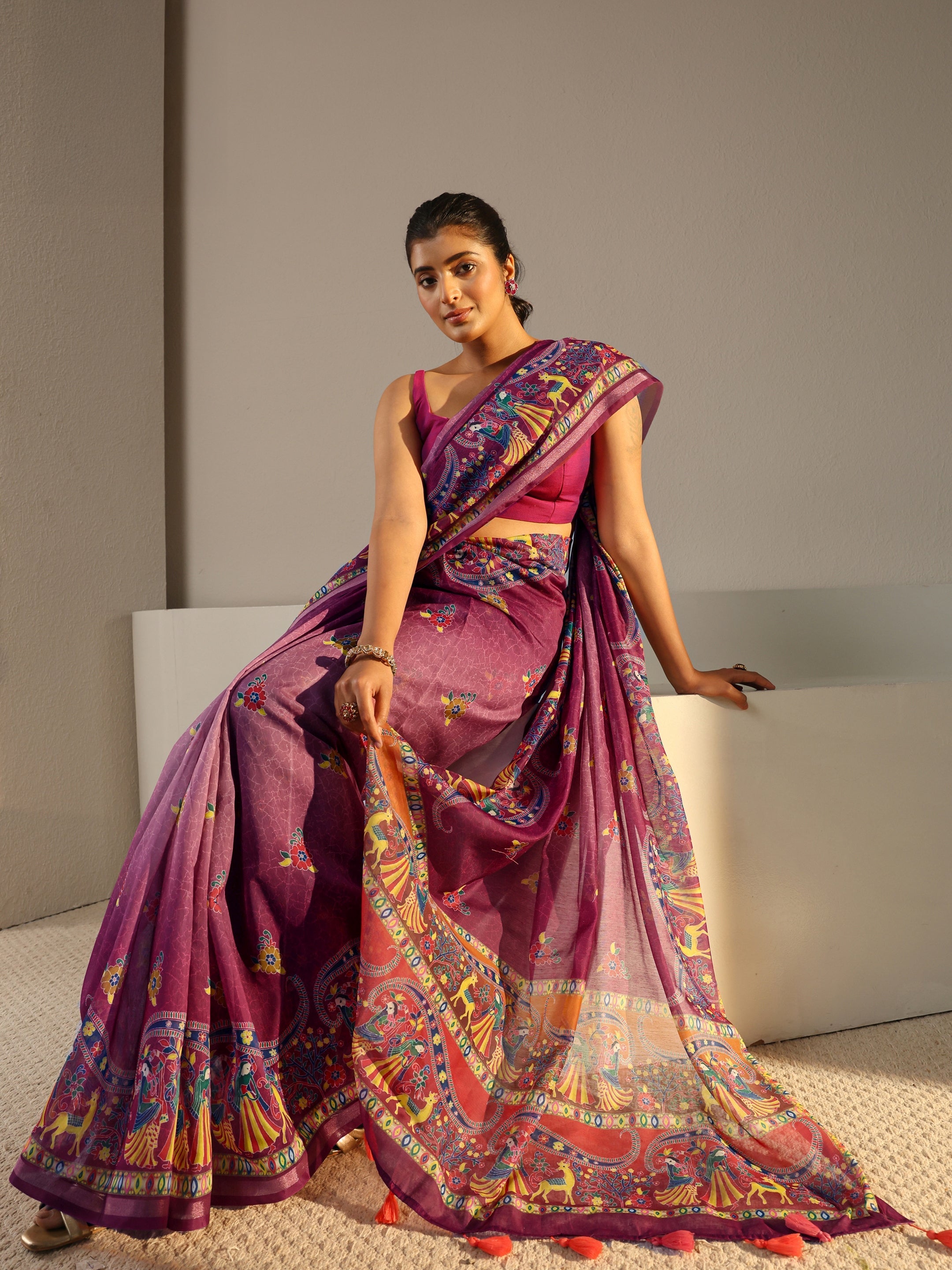 libas Purple Tribal Printed Silk Blend Tassel Saree With Unstitched Blouse Piece-picture-56