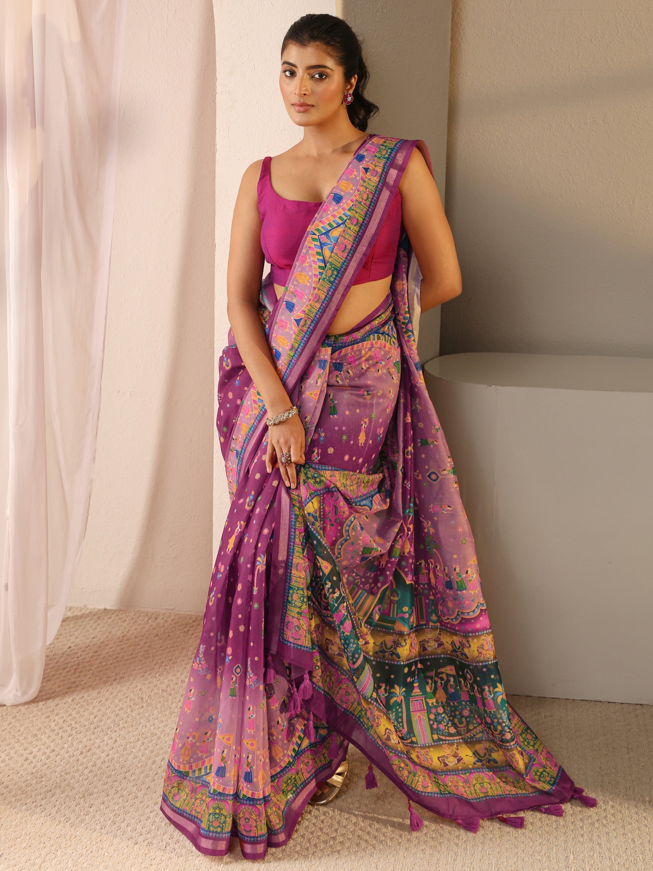 libas Purple Tribal Printed Silk Blend Tassel Saree With Unstitched Blouse Piece-picture-29