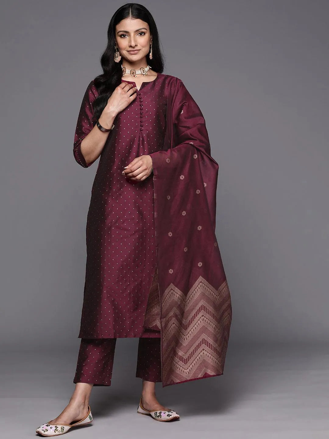 Purple Woven Design Art Silk Straight Suit Set With Trousers - Libas