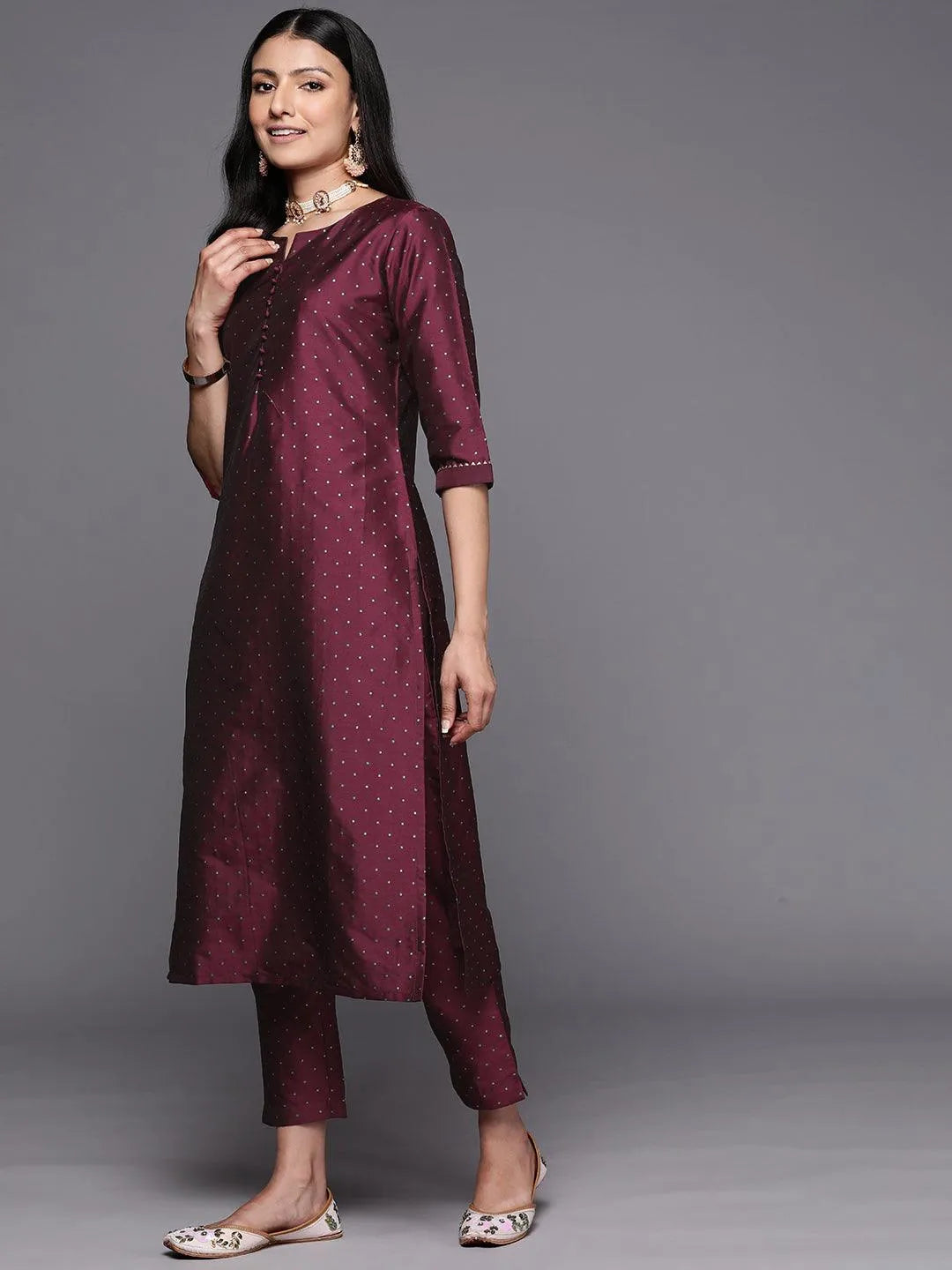 Purple Woven Design Art Silk Straight Suit Set With Trousers - Libas 