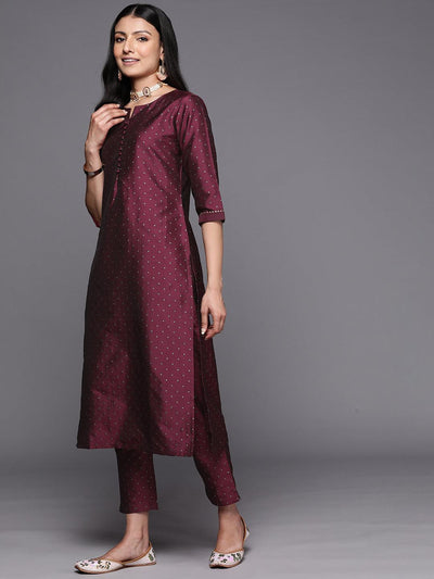 Purple Woven Design Art Silk Straight Suit Set With Trousers - Libas