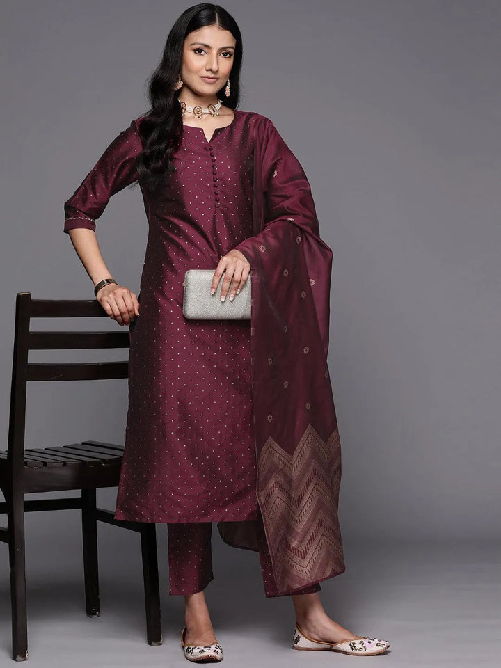 Purple Woven Design Art Silk Straight Suit Set With Trousers - Libas