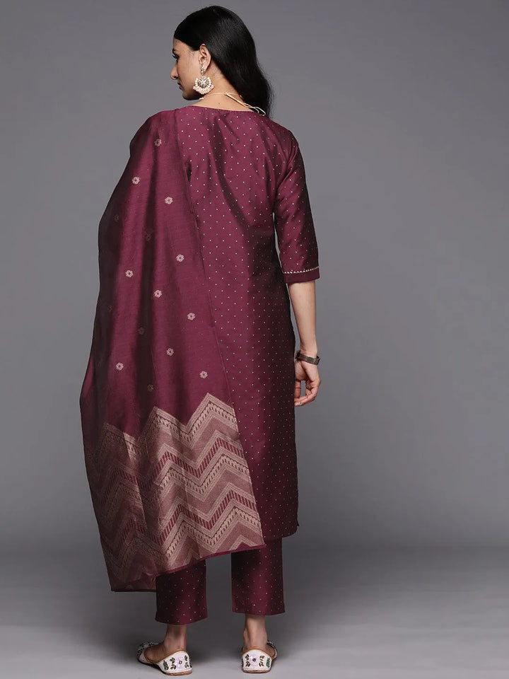 Purple Woven Design Art Silk Straight Suit Set With Trousers - Libas
