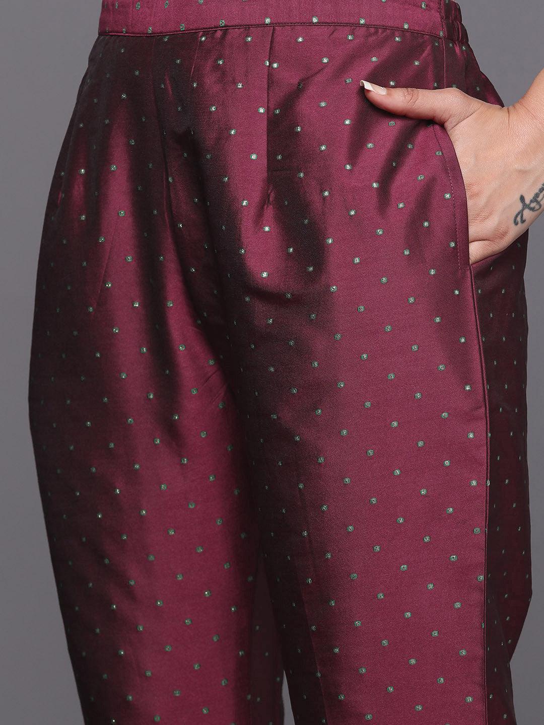 Purple Woven Design Art Silk Straight Suit Set With Trousers - Libas