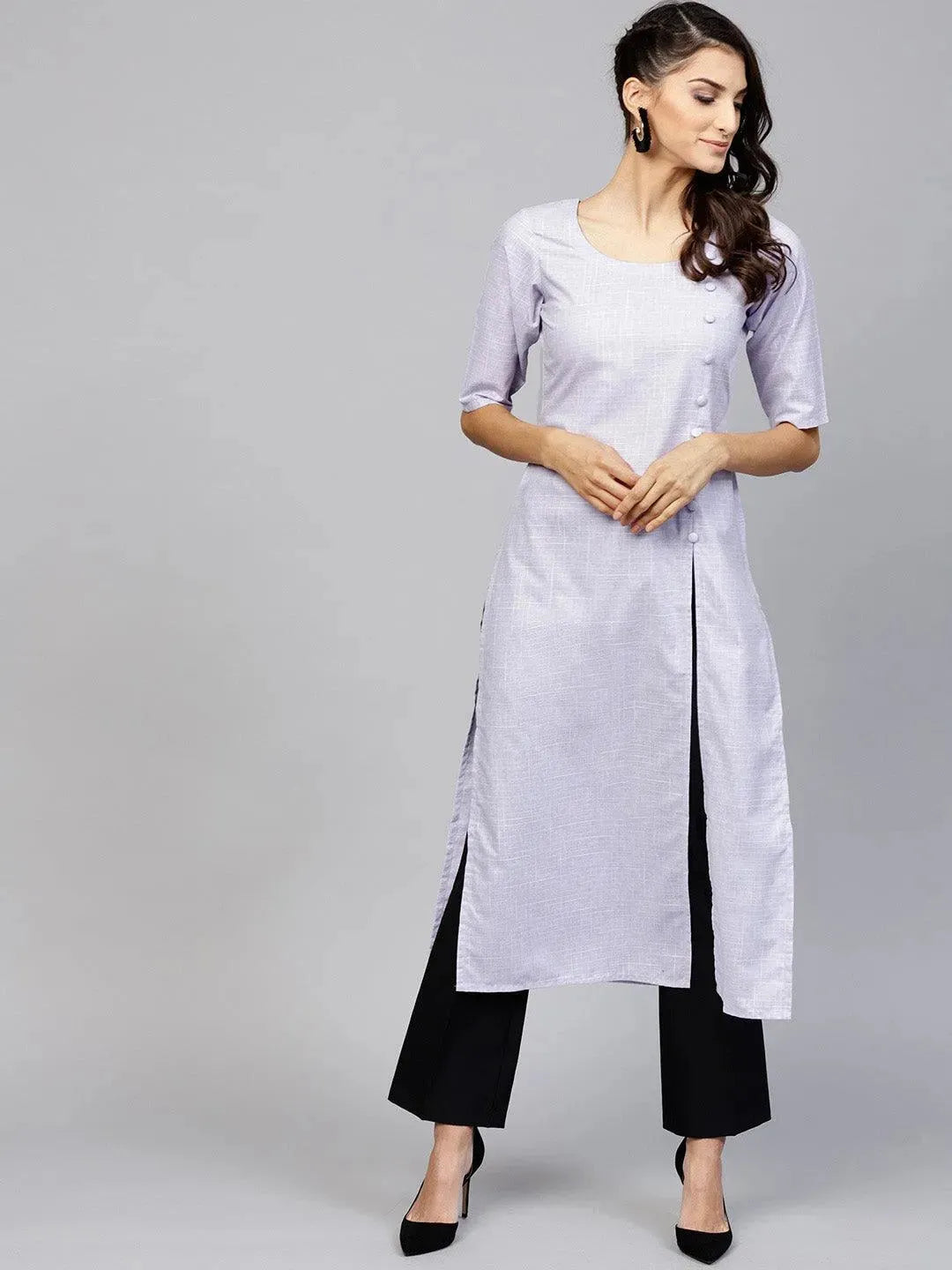Purple Woven Design Cotton Kurta - Libas
