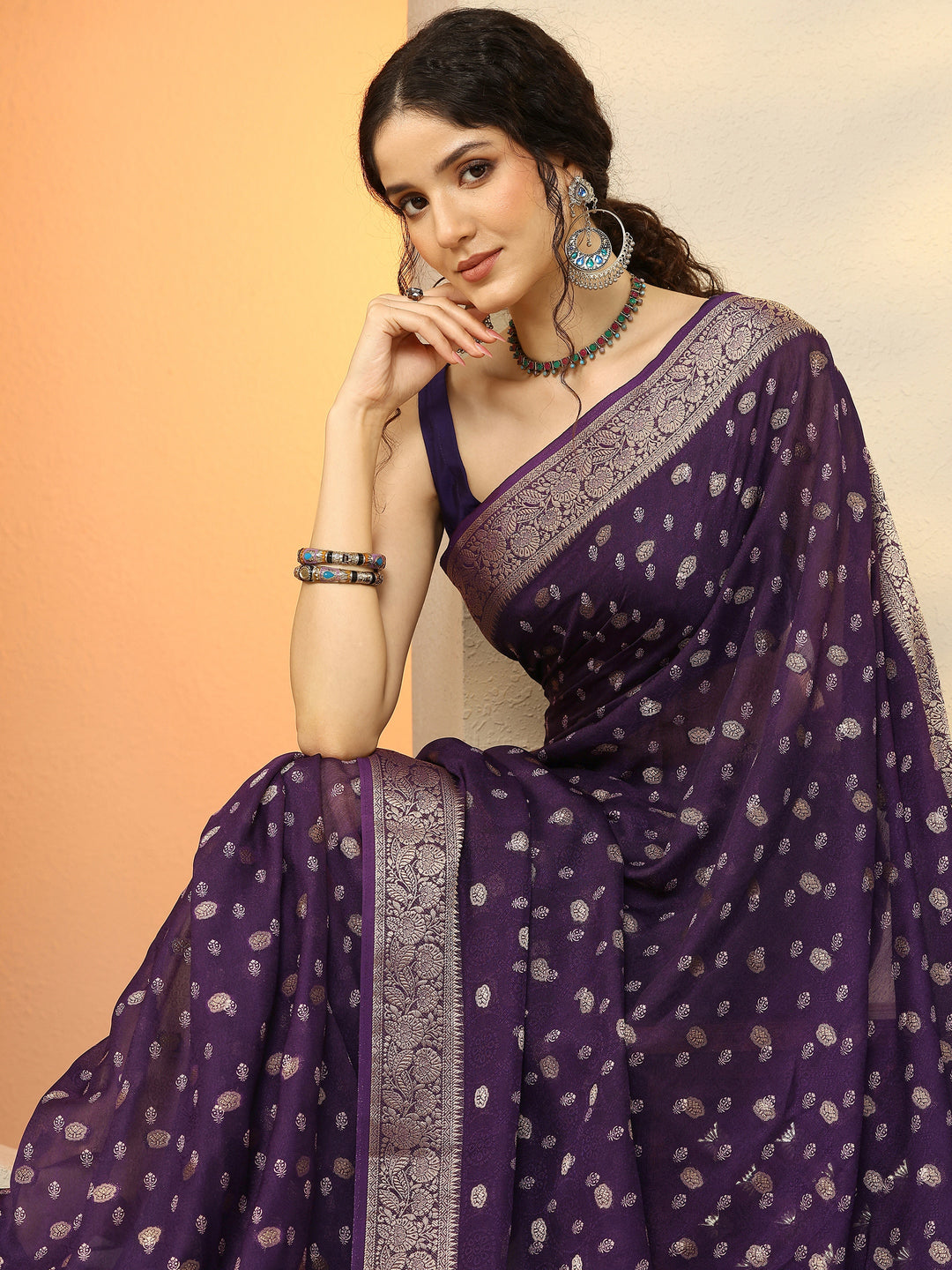 Purple Woven Design Georgette Saree With Unstitched Blouse Piece