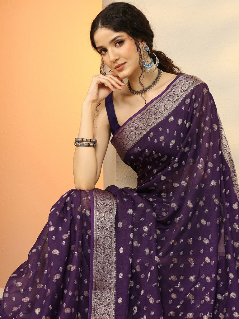Libas Purple Woven Design Georgette Saree With Unstitched Blouse Piece