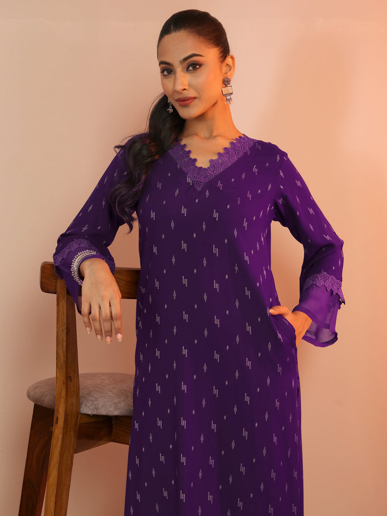 Libas Purple Woven Design Rayon Straight Kurta