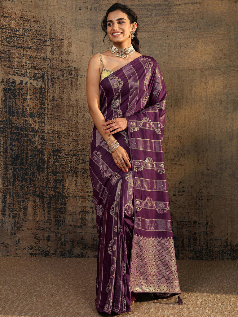 Libas Purple Woven Design Silk Blend Banarasi Saree With Unstitched Blouse Piece