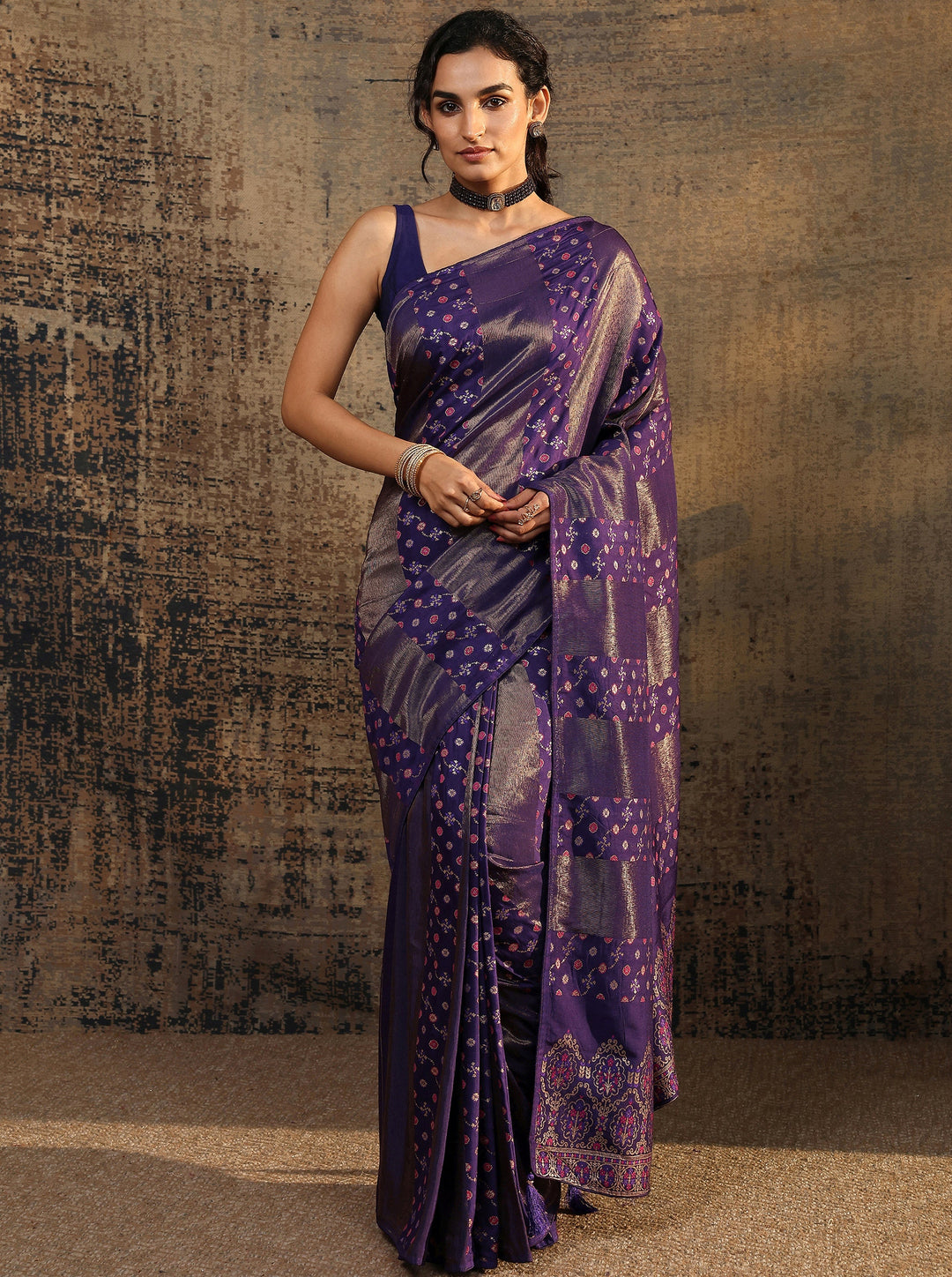 Purple Woven Design Silk Blend Banarasi Saree With Unstitched Blouse Piece