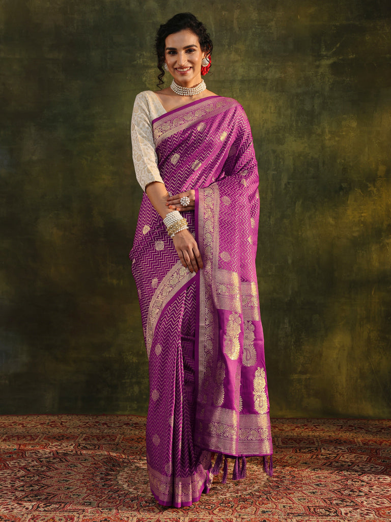 Libas Purple Woven Design Silk Blend Banarasi Saree With Unstitched Blouse Piece