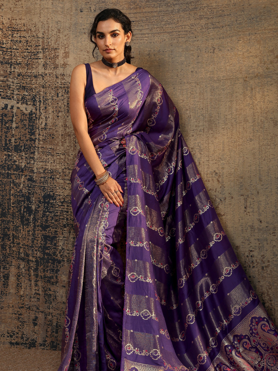 Purple Woven Design Silk Blend Saree With Unstitched Blouse Piece