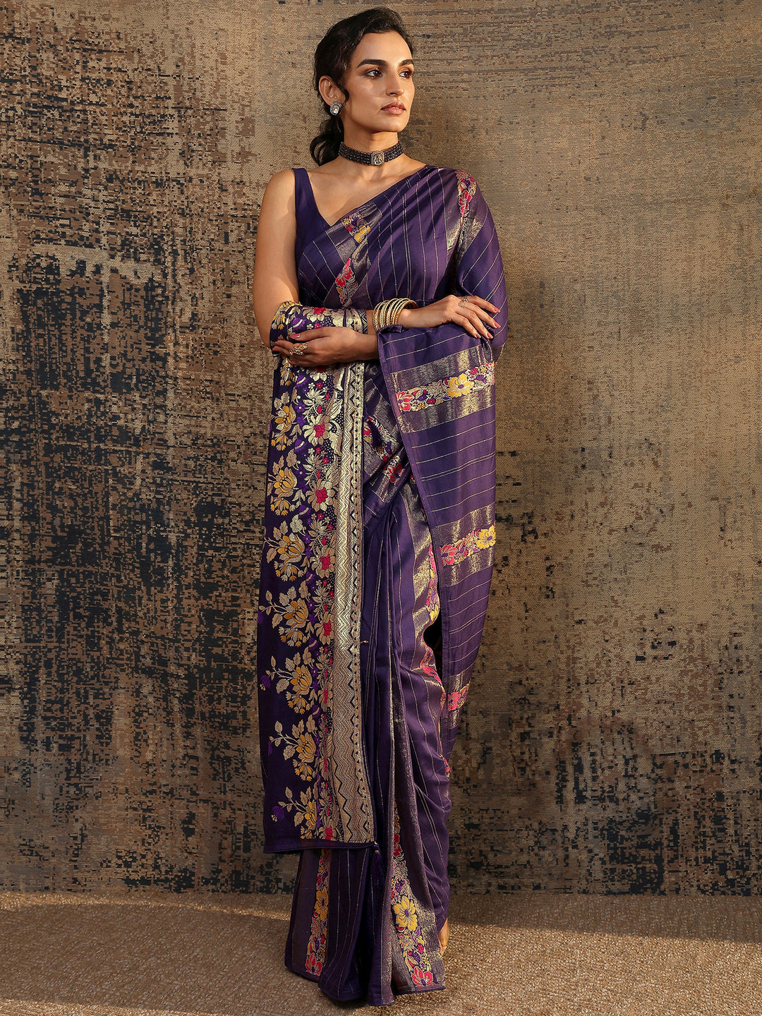 Purple Woven Design Silk Blend Saree With Unstitched Blouse Piece