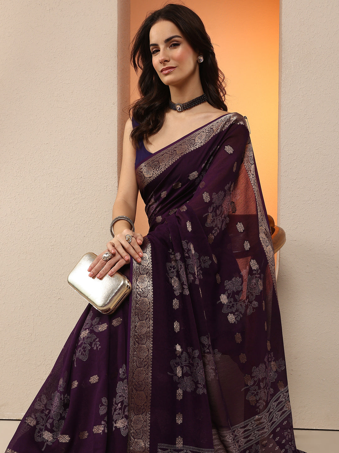 Purple Woven Design Silk Blend Saree With Unstitched Blouse Piece