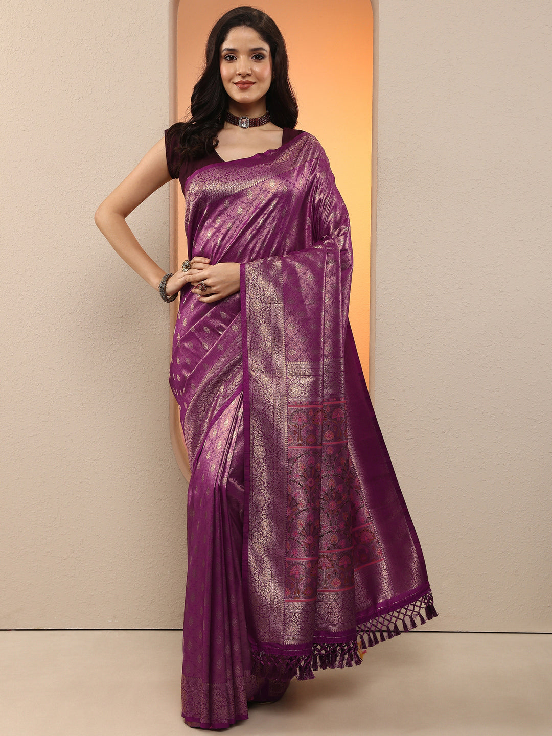  Purple Woven Design Silk Blend Saree With Unstitched Blouse Piece 