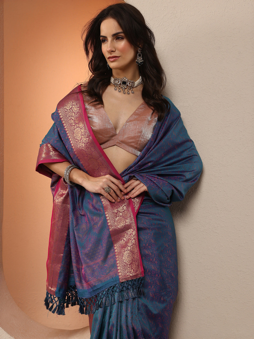  Purple Woven Design Silk Blend Saree With Unstitched Blouse Piece 