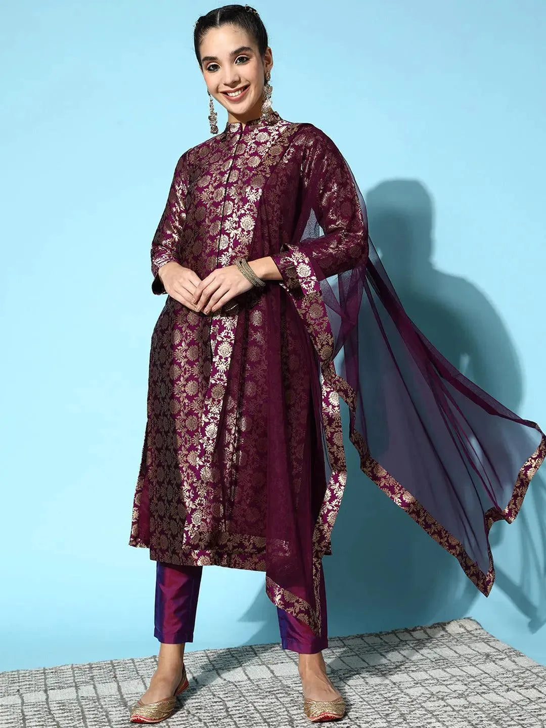 Purple Woven Design Silk Blend Straight Suit Set - Libas