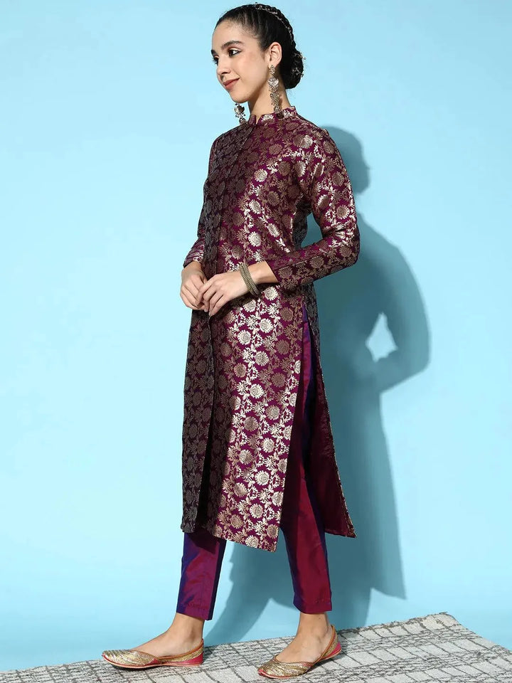 Purple Woven Design Silk Blend Straight Suit Set - Libas