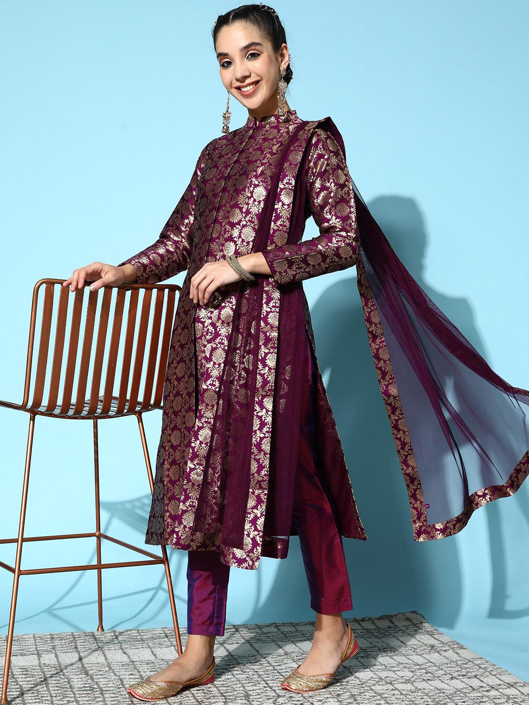 Purple Woven Design Silk Blend Straight Suit Set - Libas