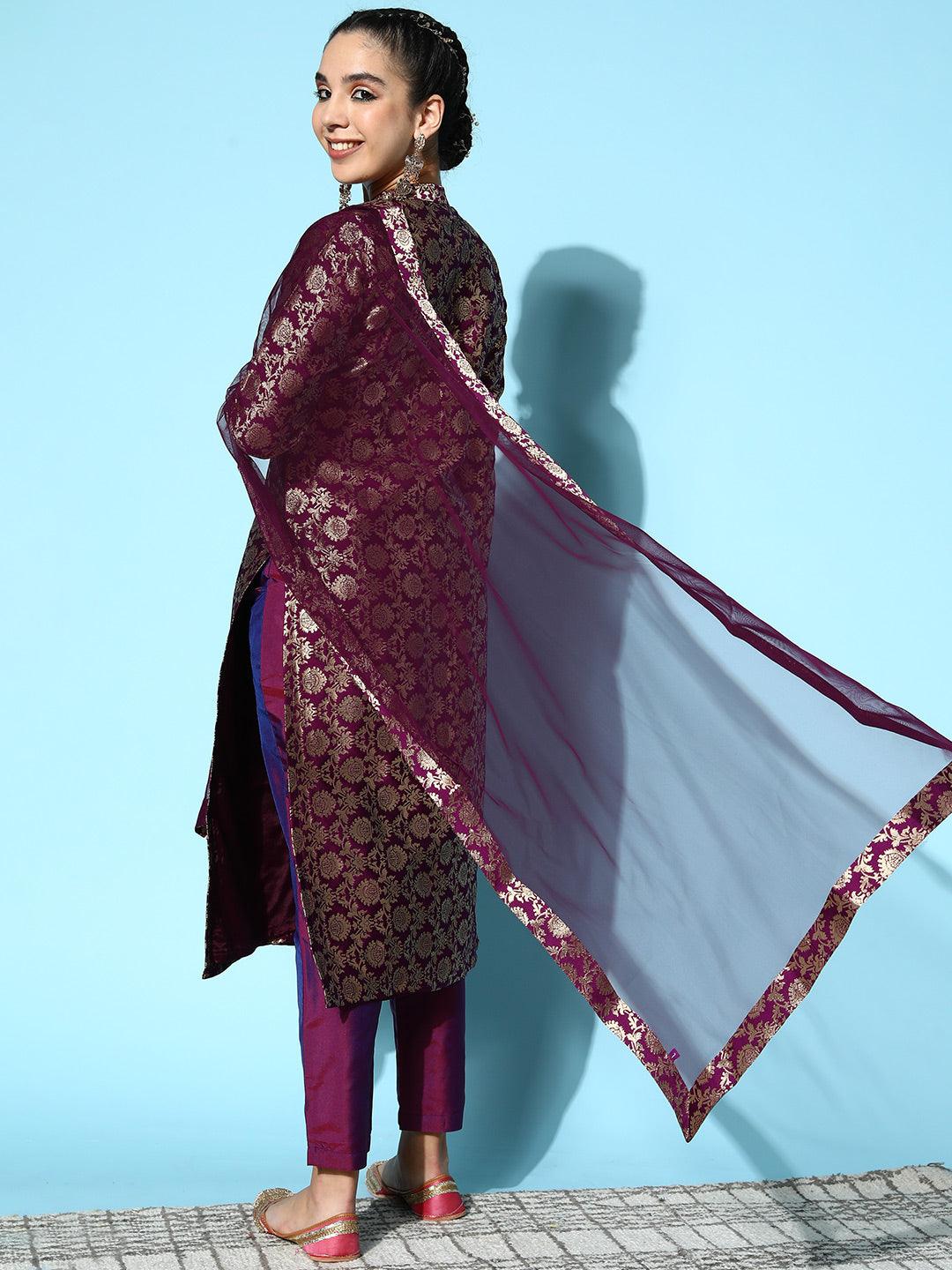 Purple Woven Design Silk Blend Straight Suit Set - Libas