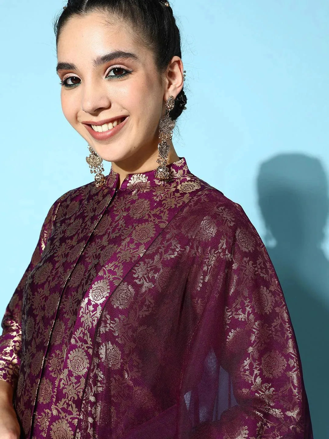Purple Woven Design Silk Blend Straight Suit Set - Libas 