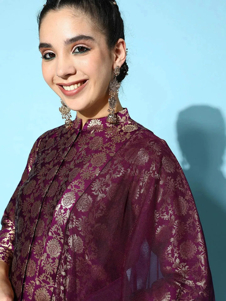 Purple Woven Design Silk Blend Straight Suit Set - Libas