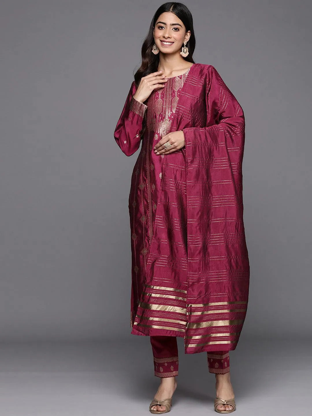 Purple Woven Design Silk Blend Straight Suit Set With Trousers - Libas