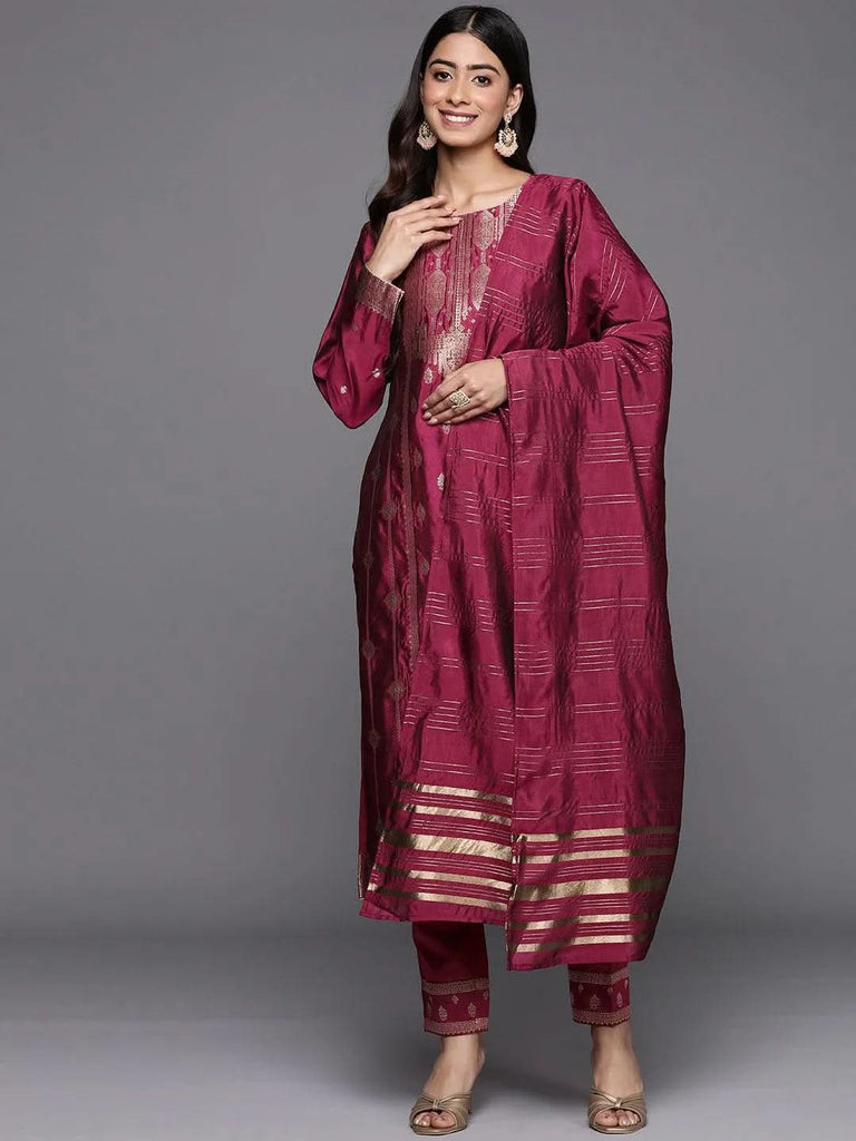 Libas Purple Woven Design Silk Blend Straight Kurta With Trousers & Dupatta