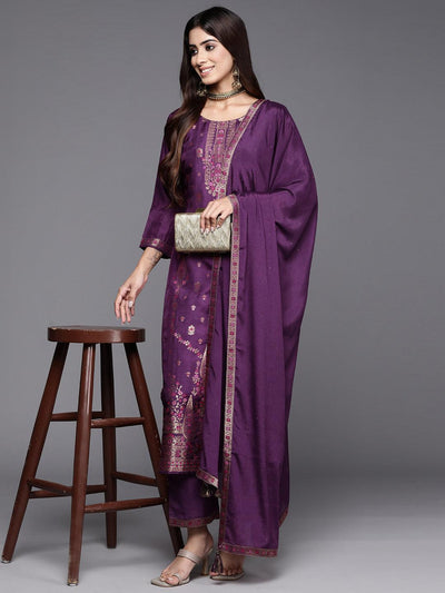 Purple Woven Design Silk Blend Straight Kurta With Trousers & Dupatta - Libas