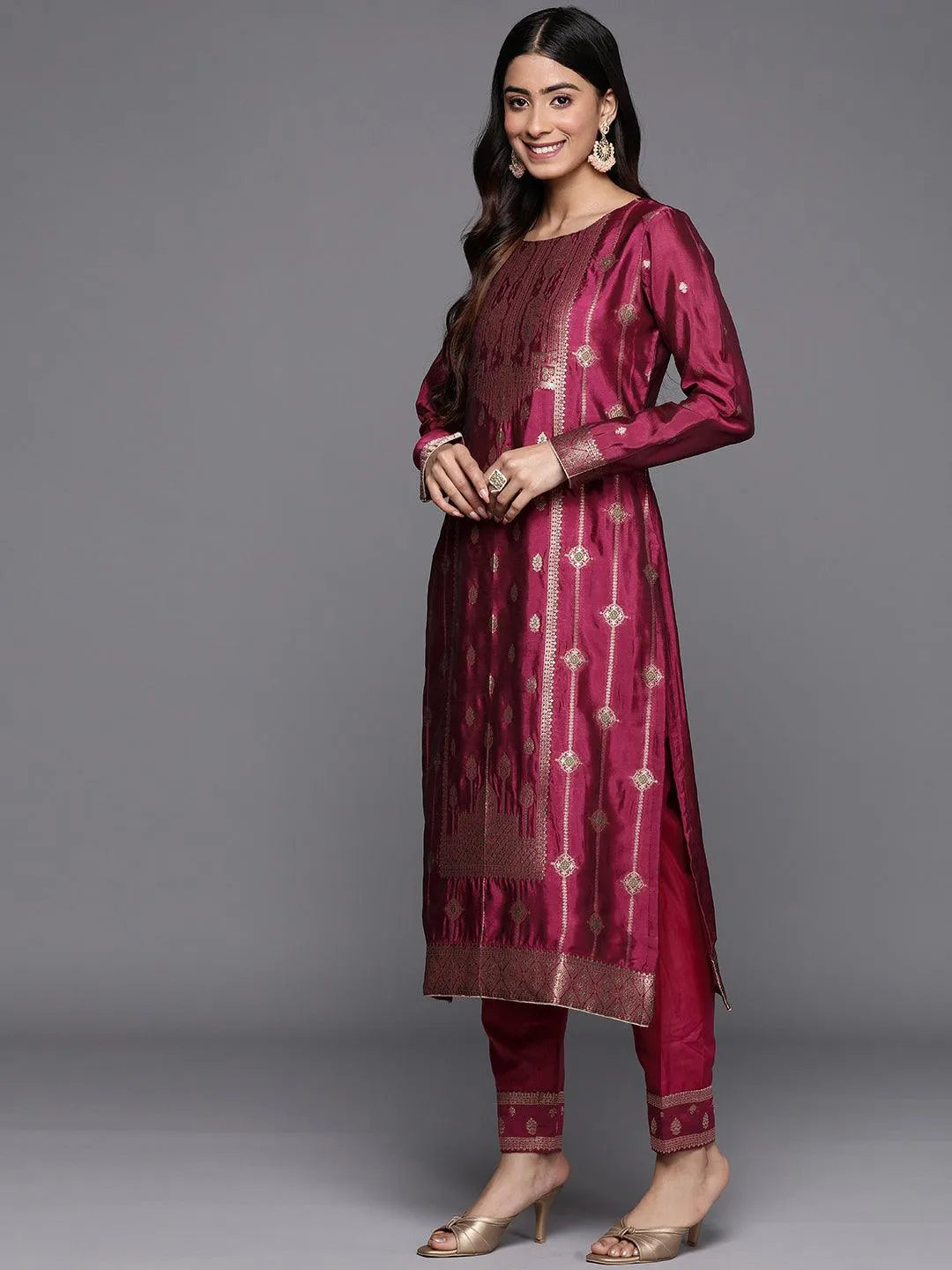 Purple Woven Design Silk Blend Straight Suit Set With Trousers - Libas 