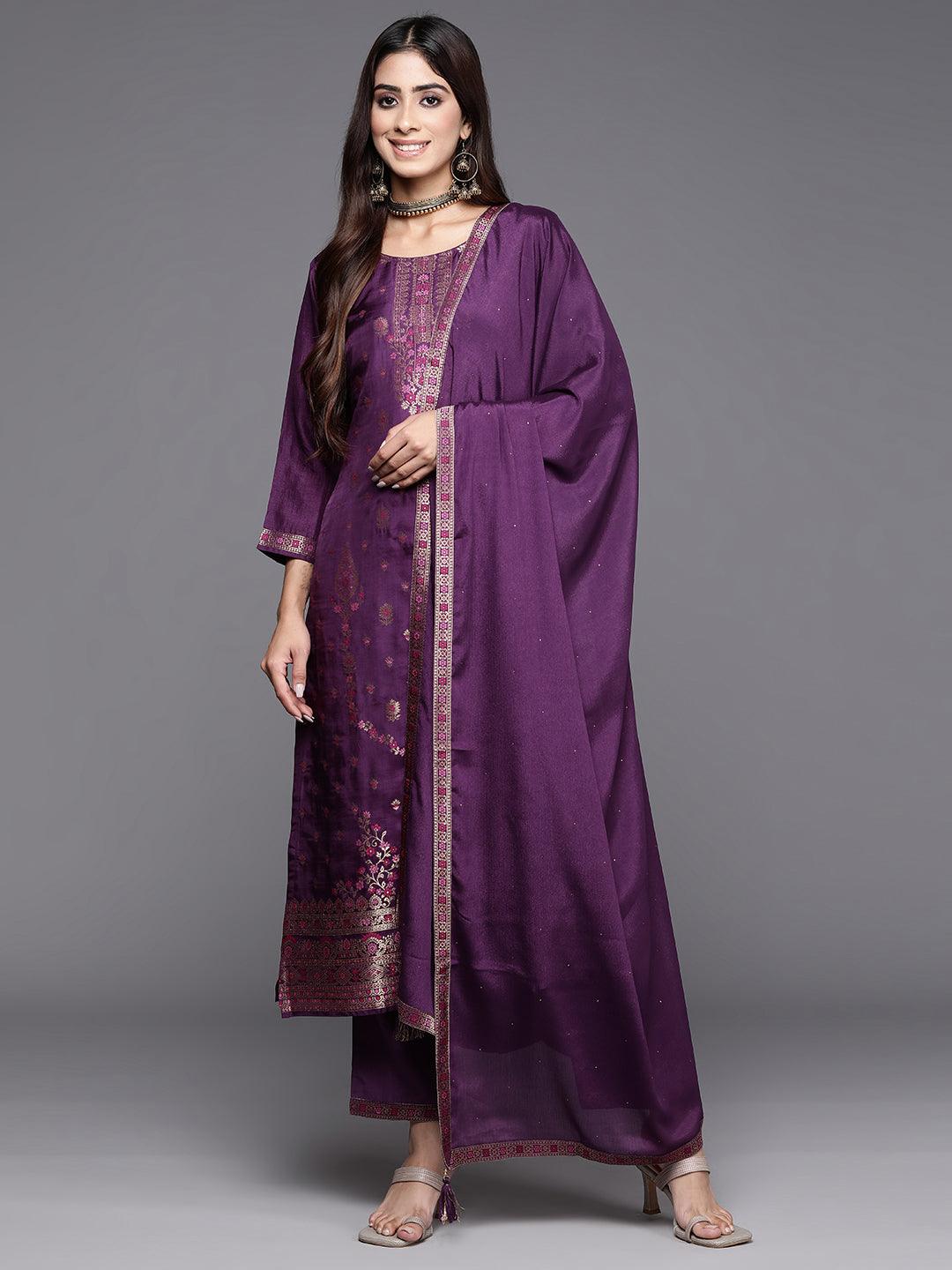 Purple Woven Design Silk Blend Straight Kurta With Trousers & Dupatta - Libas