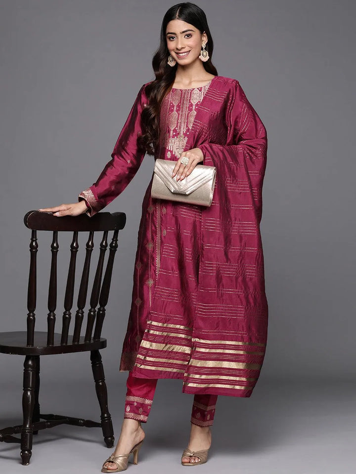 Purple Woven Design Silk Blend Straight Suit Set With Trousers - Libas