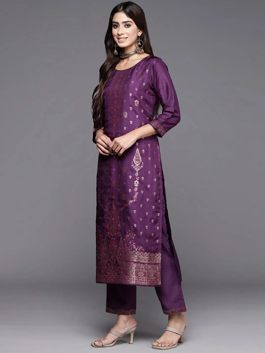 Purple Woven Design Silk Blend Straight Kurta With Trousers & Dupatta - Libas 