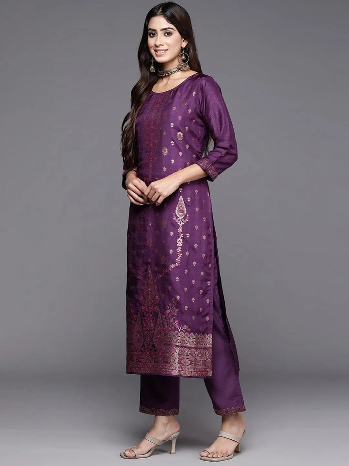 Purple Woven Design Silk Blend Straight Kurta With Trousers & Dupatta - Libas