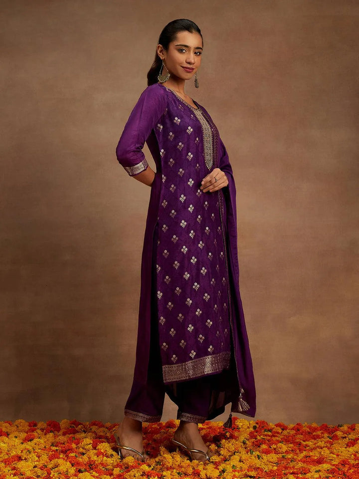 Purple Woven Design Silk Blend Straight Kurta With Trousers & Dupatta - Libas