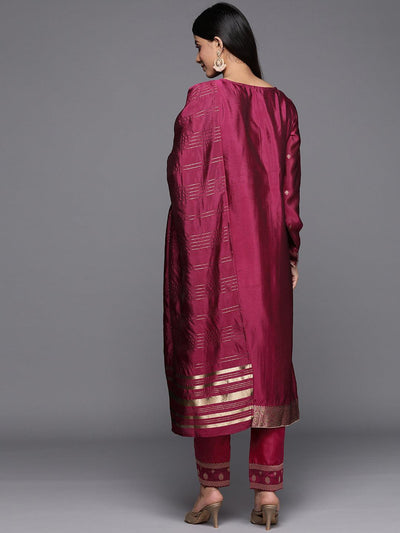 Purple Woven Design Silk Blend Straight Suit Set With Trousers - Libas