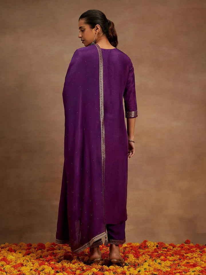 Purple Woven Design Silk Blend Straight Kurta With Trousers & Dupatta - Libas