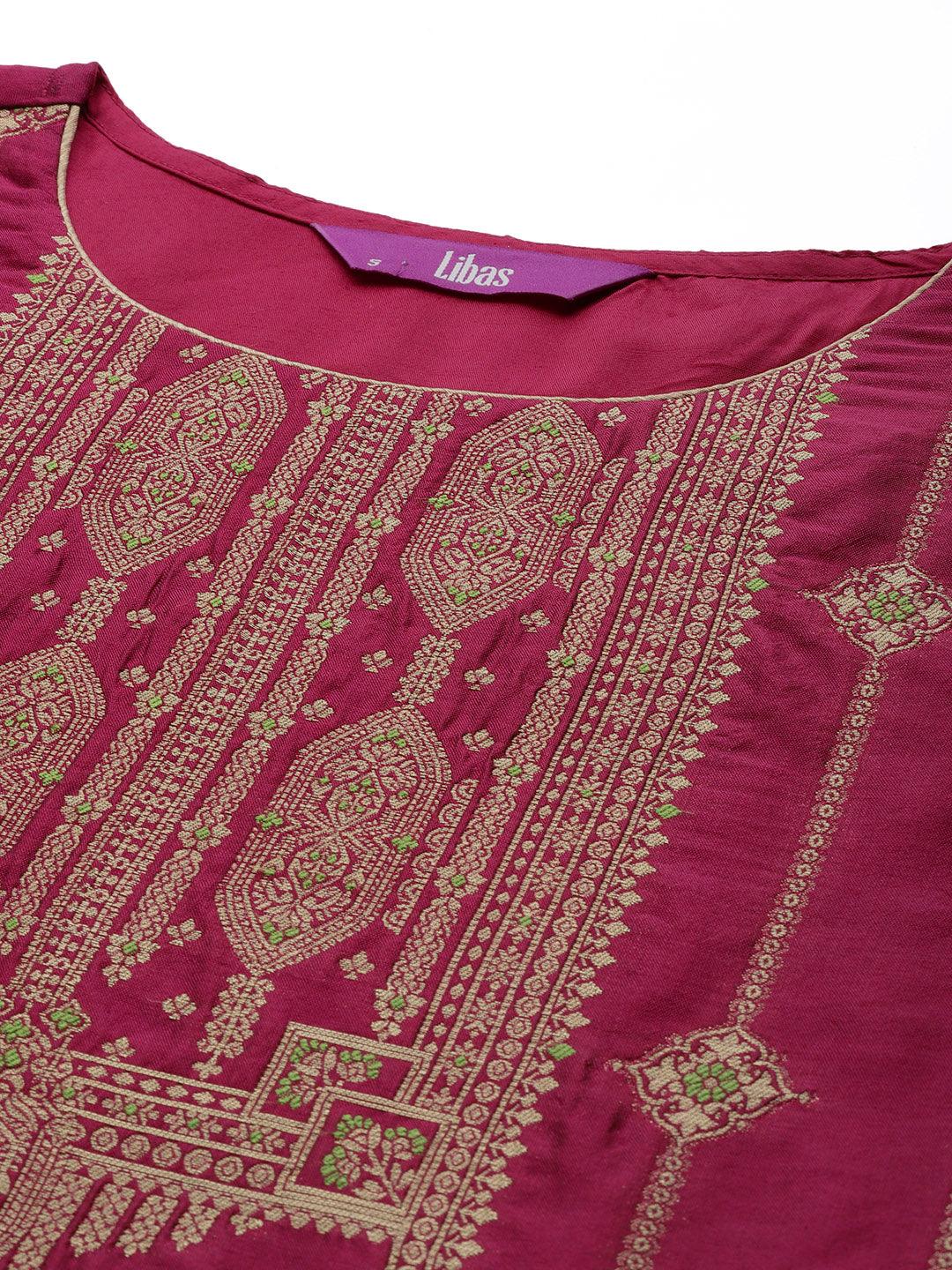 Purple Woven Design Silk Blend Straight Kurta With Trousers & Dupatta