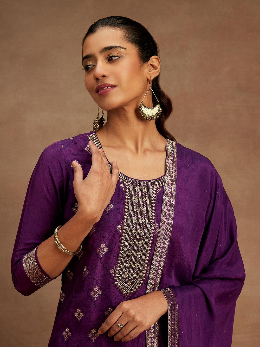 Purple Woven Design Silk Blend Straight Suit With Dupatta