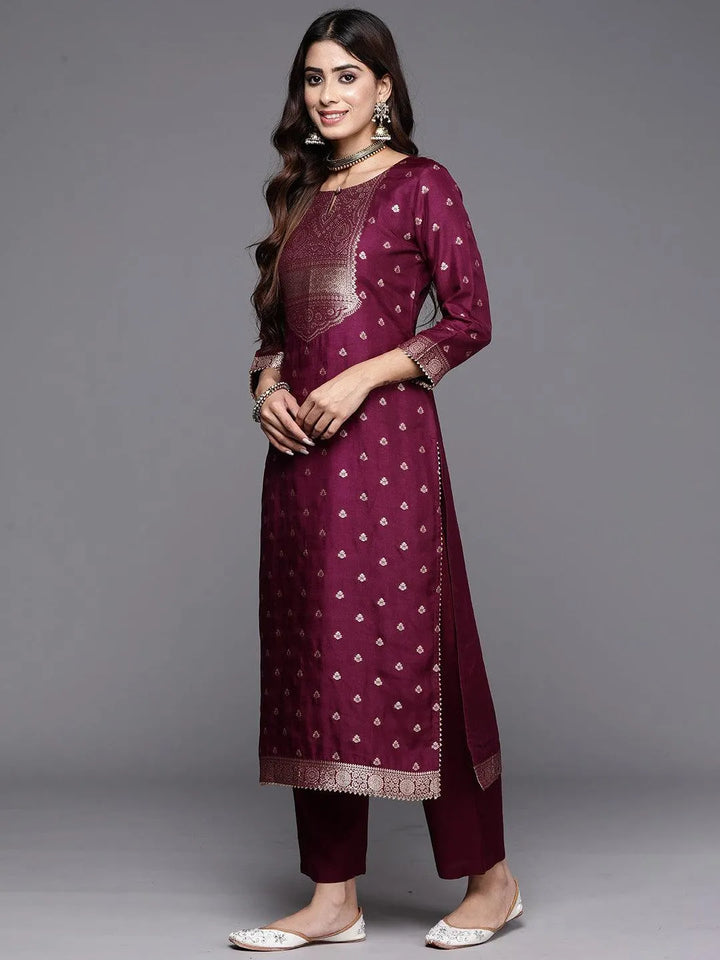 Purple Woven Design Silk Straight Kurta With Trousers & Dupatta - Libas