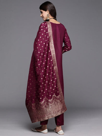 Purple Woven Design Silk Straight Kurta With Trousers & Dupatta - Libas