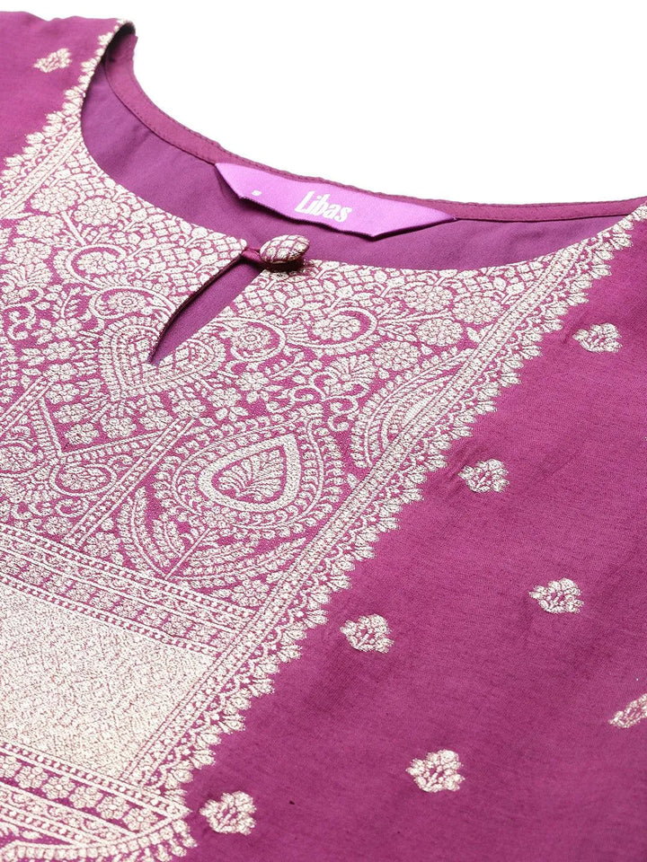 Purple Woven Design Silk Straight Kurta With Trousers & Dupatta - Libas