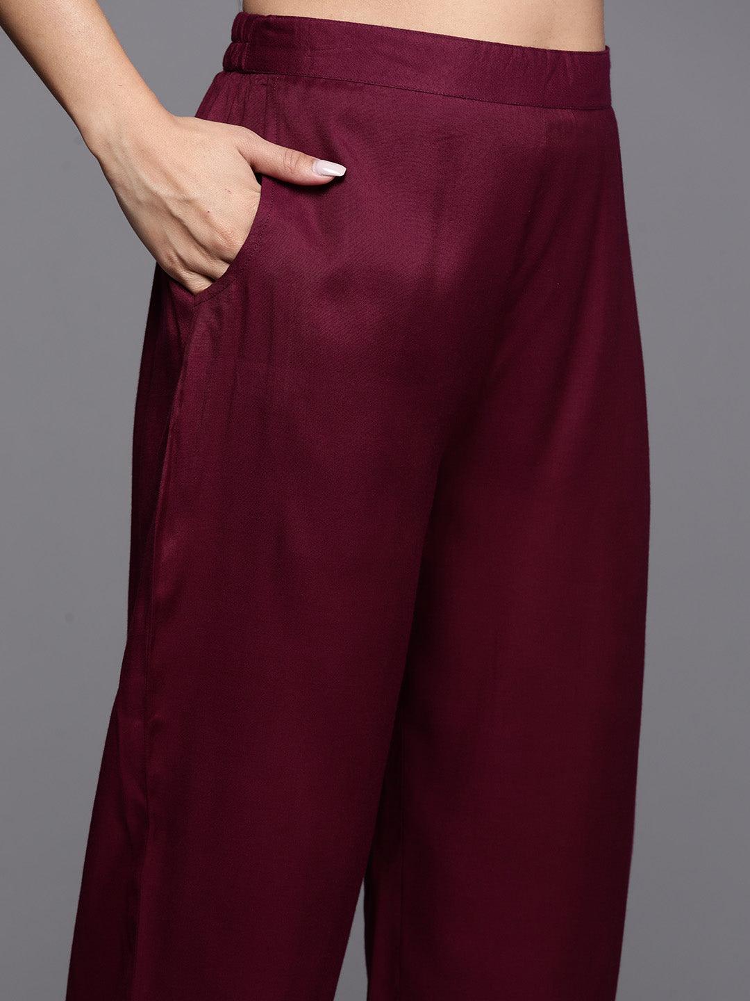 Purple Woven Design Silk Straight Kurta With Trousers & Dupatta - Libas