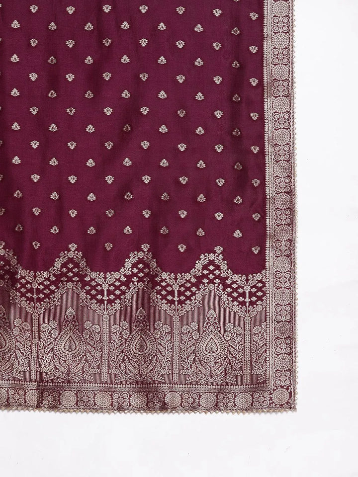 Purple Woven Design Silk Straight Kurta With Trousers & Dupatta - Libas