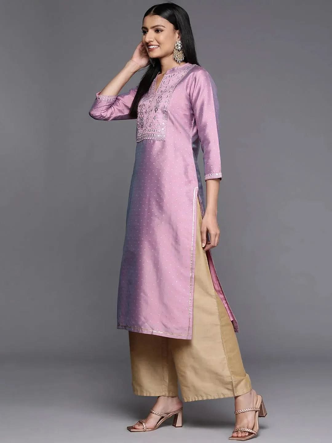 Purple Yoke Design Art Silk Straight Kurta - Libas 