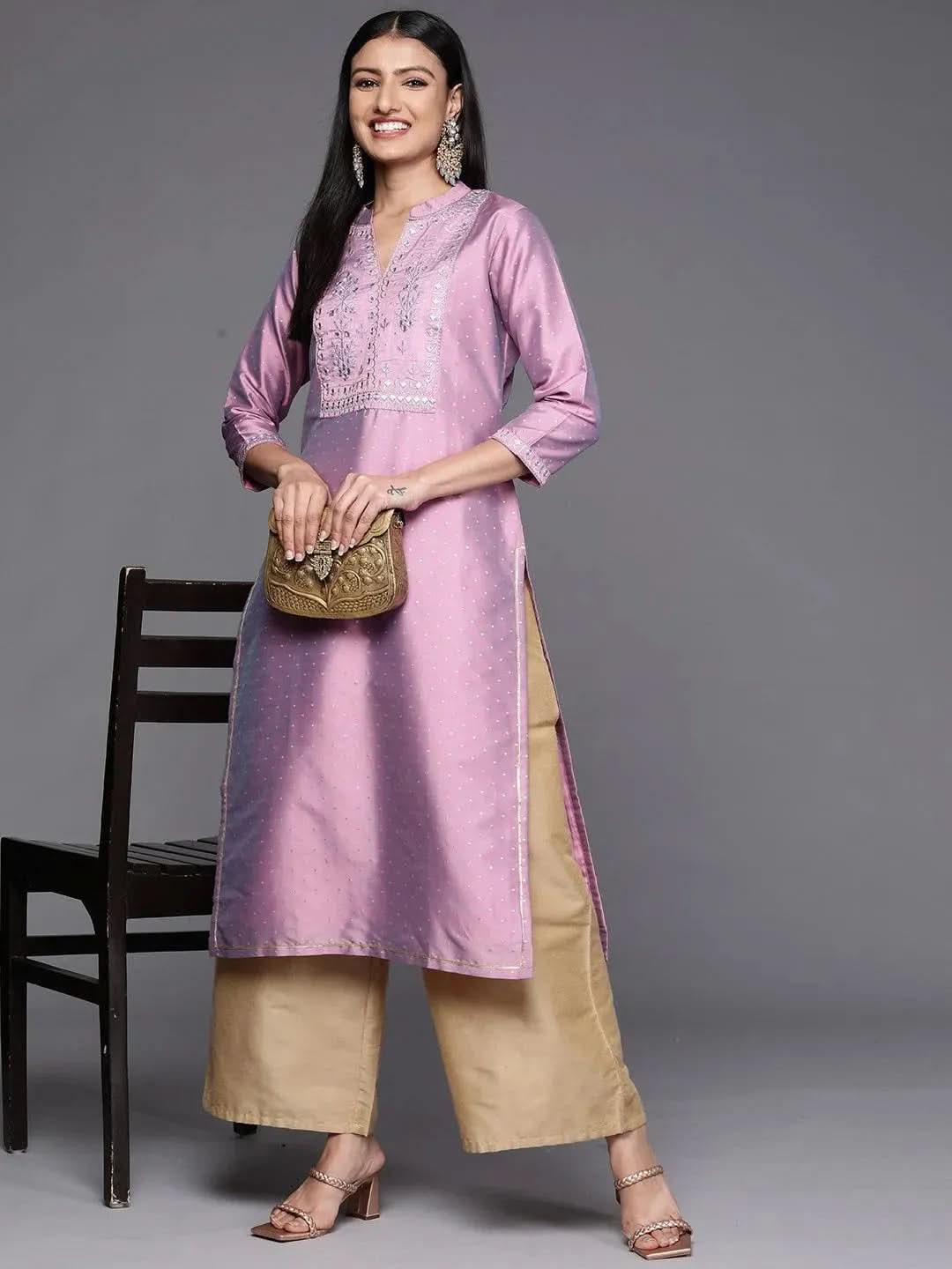 Purple Yoke Design Art Silk Straight Kurta - Libas 
