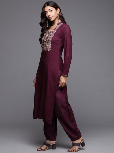 Purple Yoke Design Pashmina Wool Straight Kurta - Libas