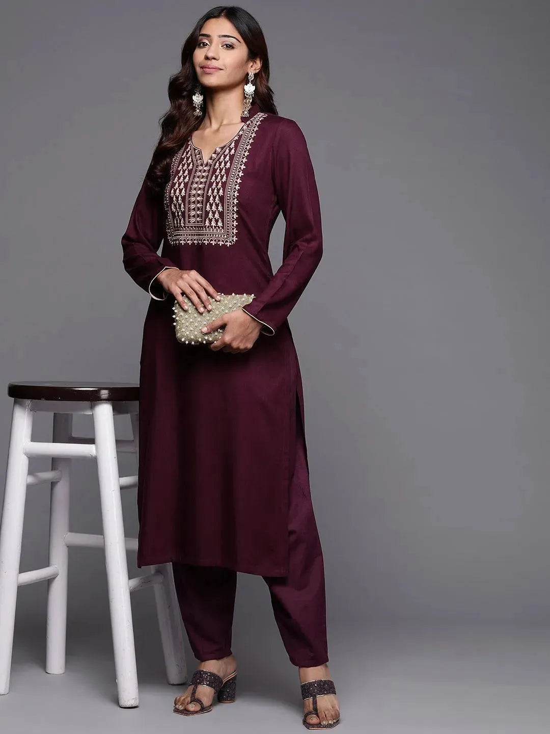 Purple Yoke Design Pashmina Wool Straight Kurta - Libas 